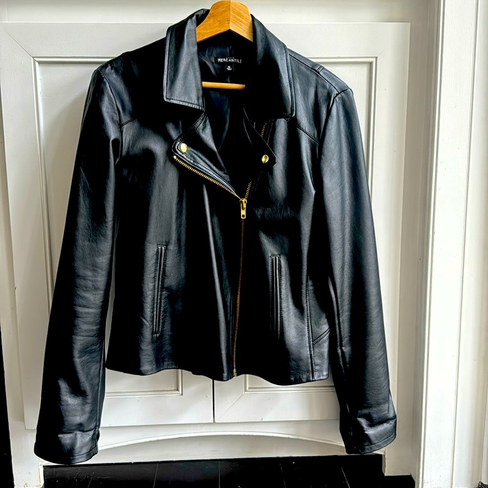JCrew size M faux leather moto jacket. Excellent condition- never worn. Classy.